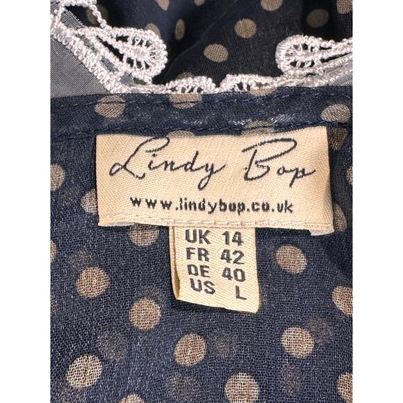 Lindy Bop A-Line Dress Large Black Chiffon Polka Dots Collared Lace Trim Pleated - Picture 8 of 10